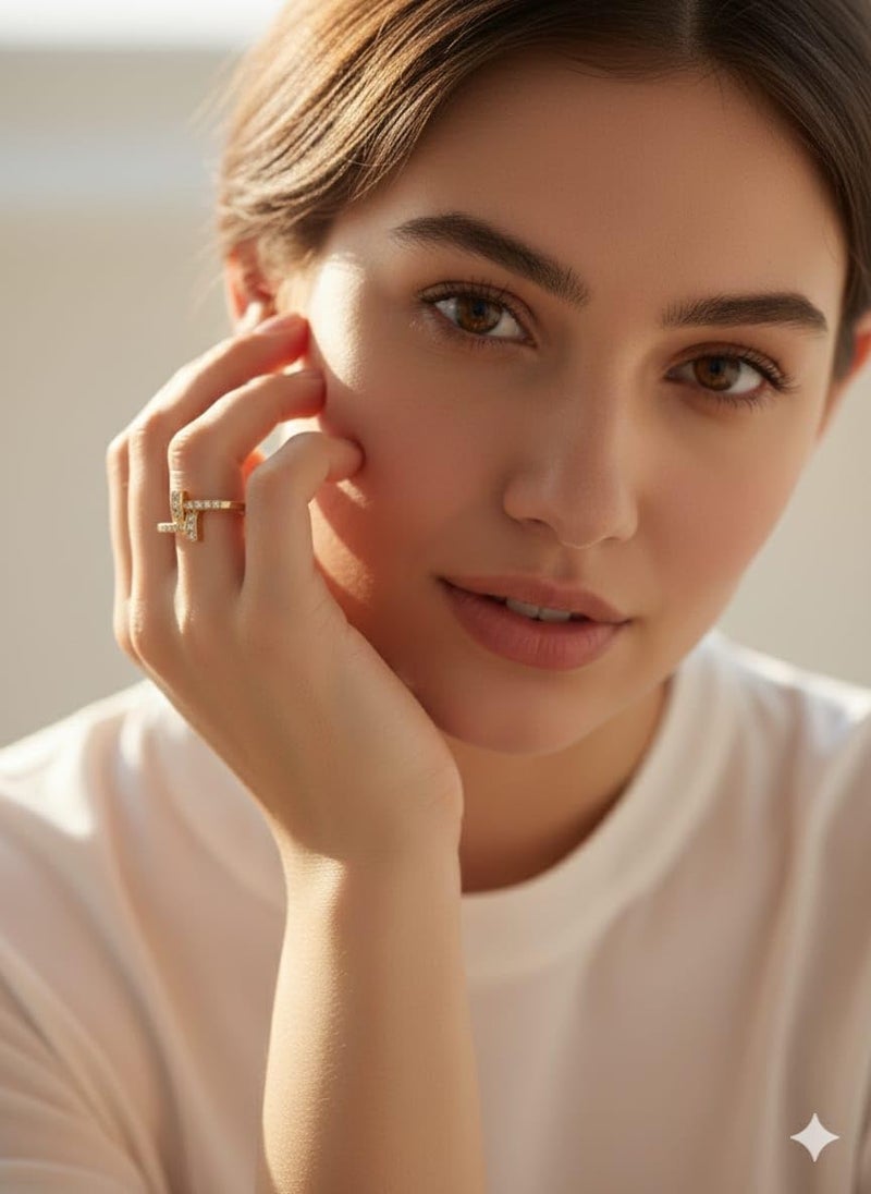 CRUSSTIQUE GOLD® Elegant Rose Gold Adjustable Ring with Crystal Geometric Design - Image 3